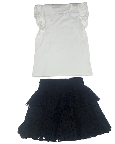 Black Ruffle Skirt With White Ruffle Sleeve Top (set)