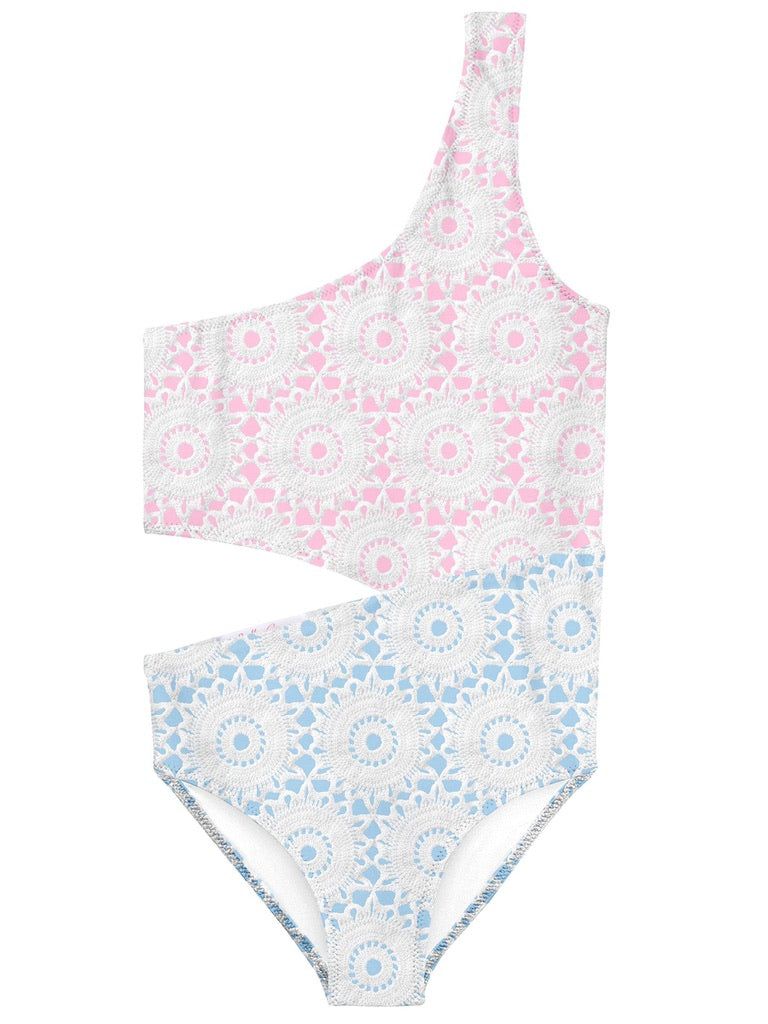 crochet print pink and blue side cut swimsuit