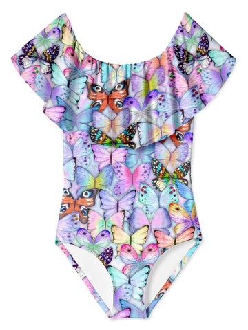 1000 butterflies print on lavender draped swimsuit