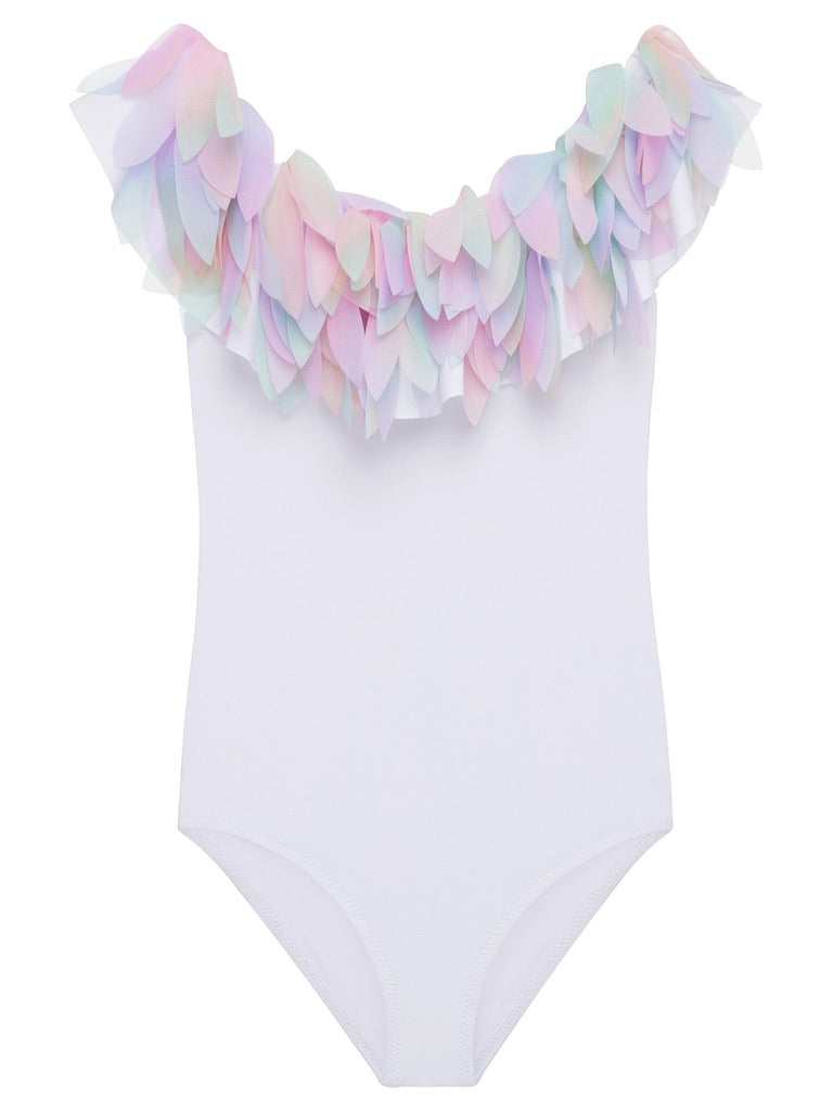 White Draped Swimsuit with Multicolor Petals