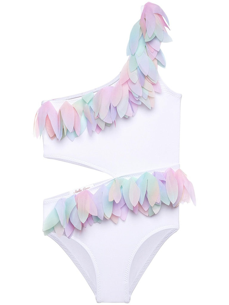 White Side Cut Swimsuit with Multicolor Petals