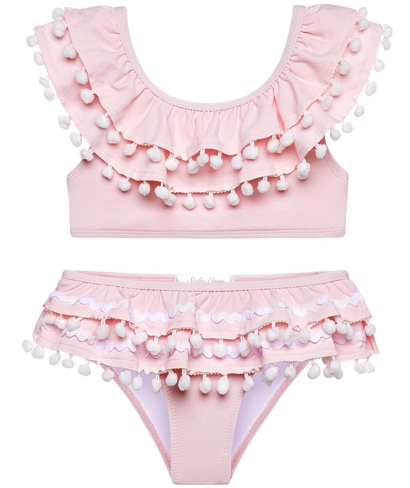 Pink Double Ruffle Bikini with Pom Pom