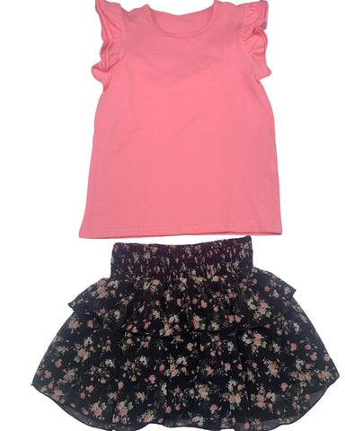 Black Floral skirt & Coral Ruffle Sleeve Top (set)