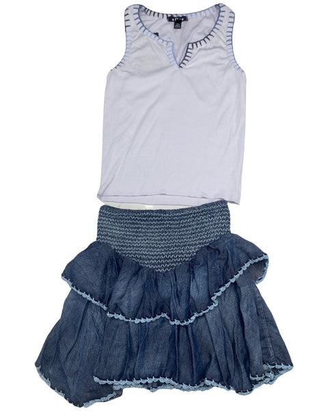 Denim Ruffle Skirt & White Embroidered Tank Top (Set)