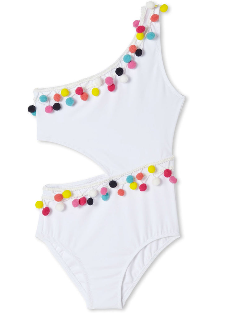 White Side Cut Swimsuit with Colorful Pom Poms