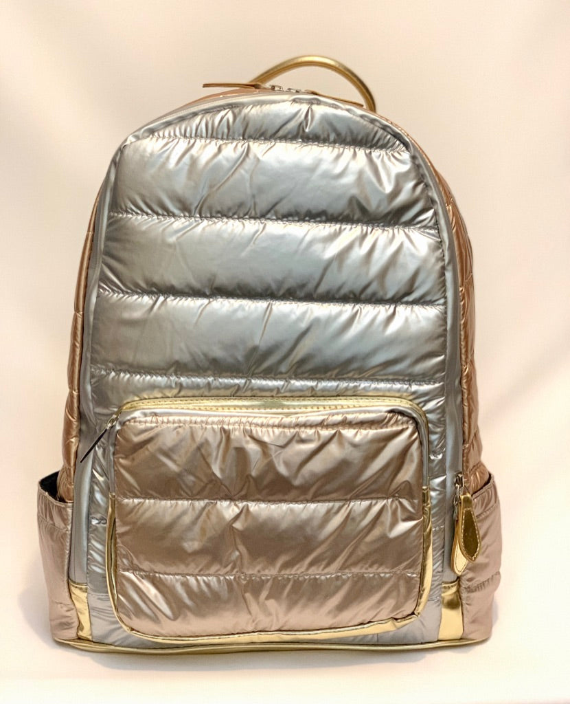 Full Size Metallic Multi Tone Puffer Backpack- Silver/Rose Gold