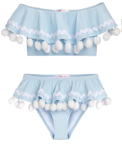 Blue Draped Bikini with White Pom Poms & Ric Rac