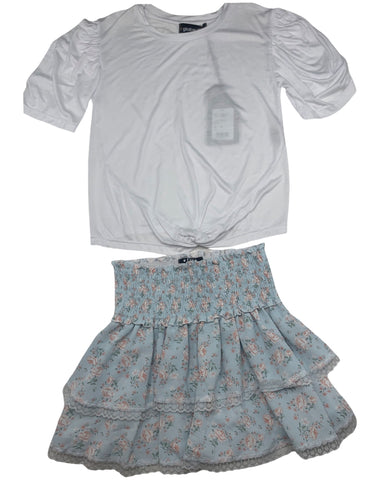 Blue Floral Skirt & White Top (Set)