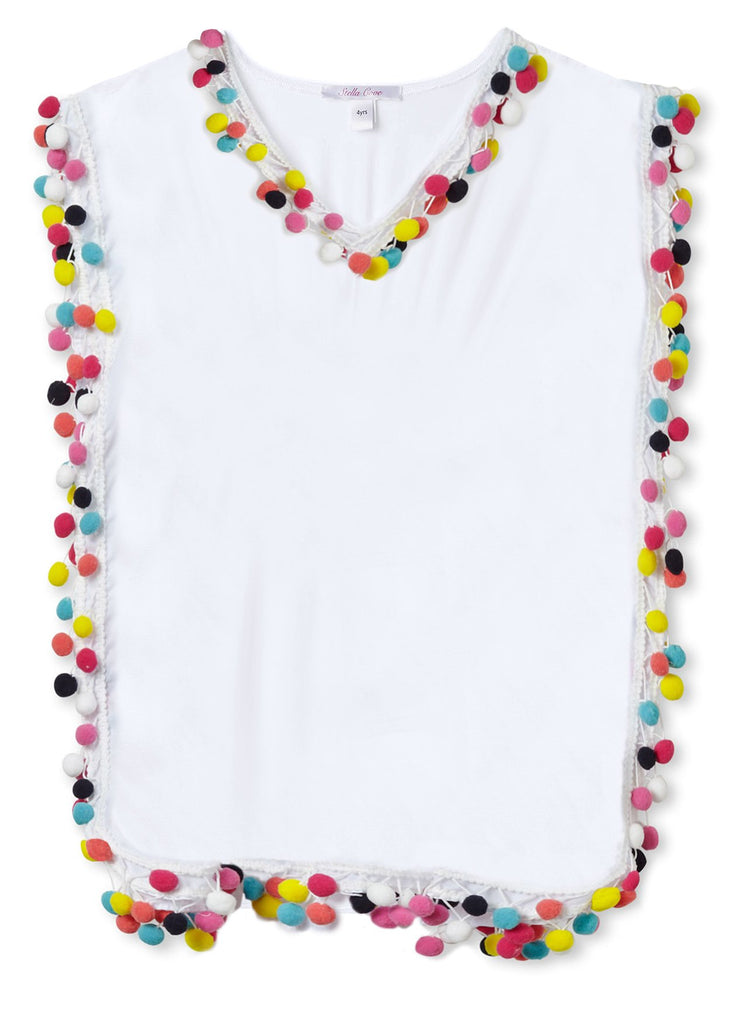 White Cover-Up Poncho with Multi-Colored Pom Poms
