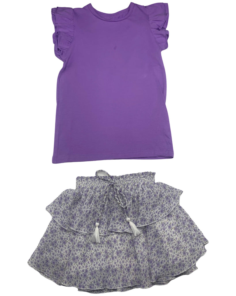 Lavender Floral Skirt & Ruffle Sleeve Tank Top (Set)