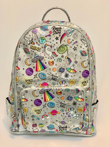 Full Size- Galaxy Emoji Print Backpack- Silver