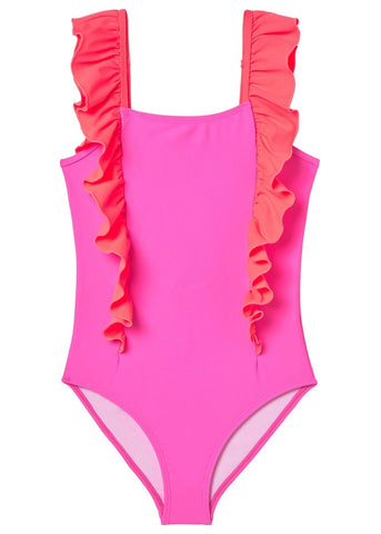 Neon Pink & Red Ruffle Bathing Suit