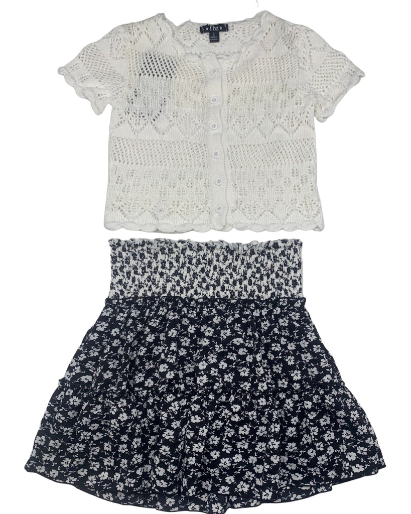 Black Floral skirt with White cardigan (set)