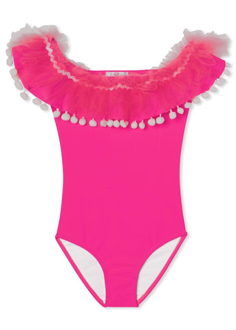 Neon Pink Bathing Suit With Tulle & Pom Poms