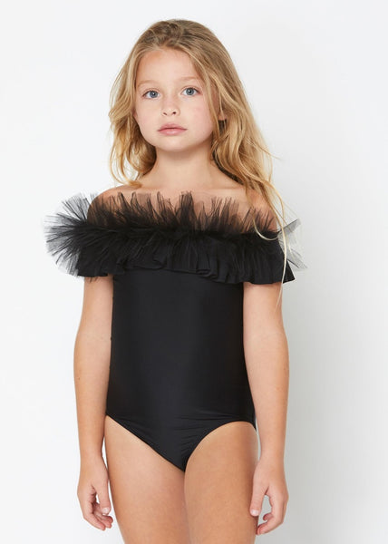 Black Draped Swimsuit with Tulle