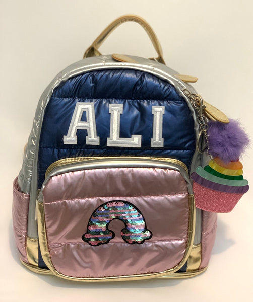 Mini Size Metallic Multi Tone Puffer Backpack- Navy/Pink