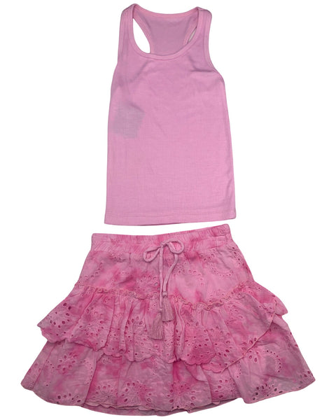 Pink ribbed tank top with a pink Eyelet Skirt (Set)