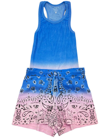 Pink and Blue Bandana Ribbed Tank & Shorts Set (sz XL: 14)