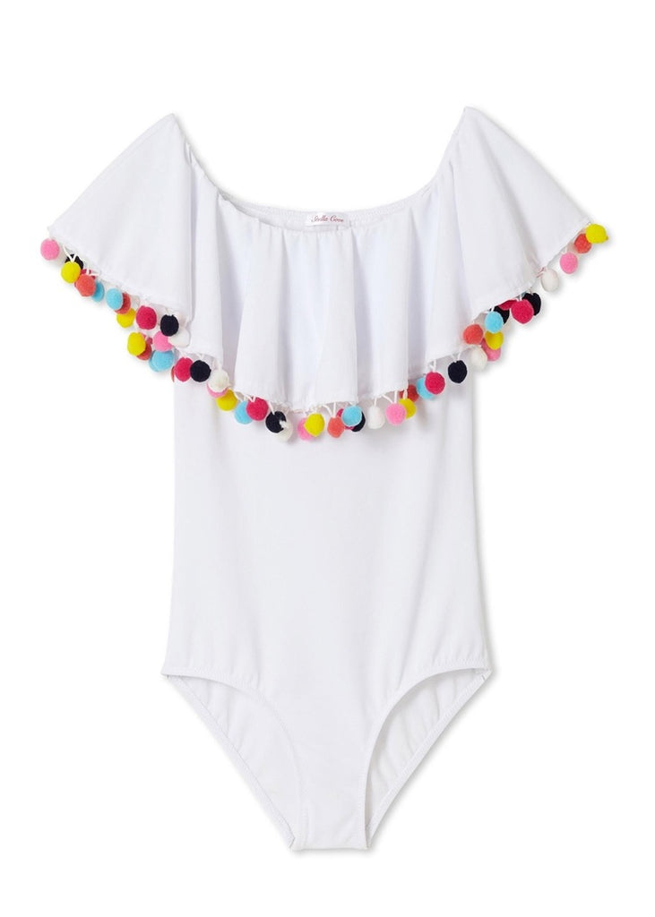 White Drape Swimsuit with Pom Poms