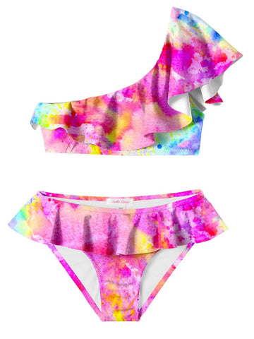 Celebrate Pink Tie Dye Ruffled One Shoulder Bikini