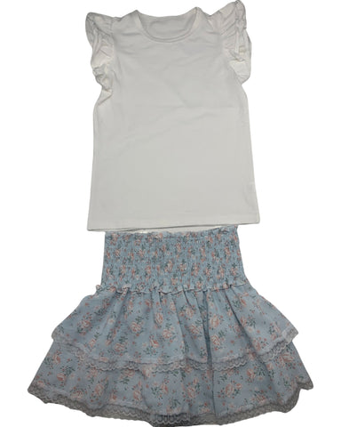 Blue Floral Skirt & White Ruffle Sleeve Top