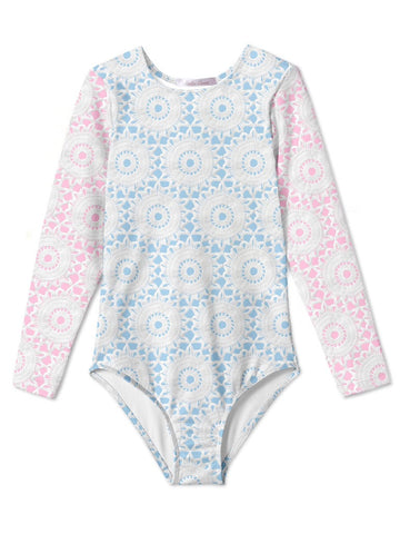 crochet print long sleeve swimsuit in pink and blue