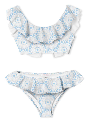 Crochet Sun White and Blue Low Ruffle Bikini