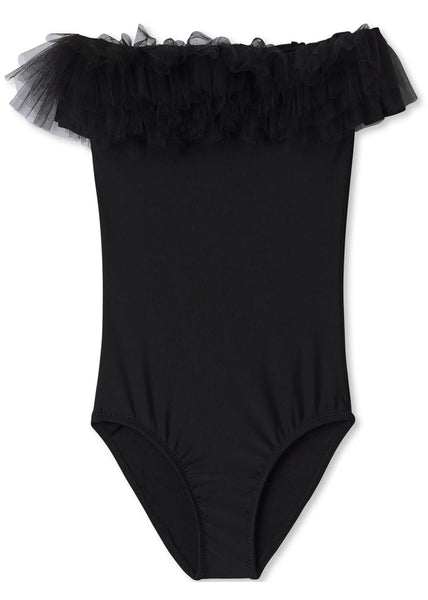 Black Draped Swimsuit with Tulle