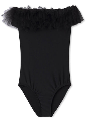 Black Draped Swimsuit with Tulle