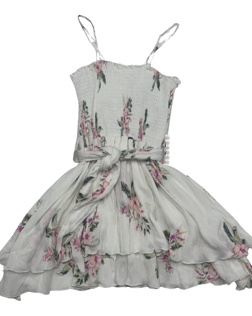White Sleeveless Ruching Floral Dress