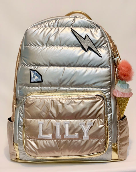 Full Size Metallic Multi Tone Puffer Backpack- Silver/Rose Gold