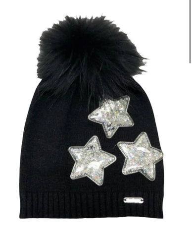 Black hat With silver stars pompom