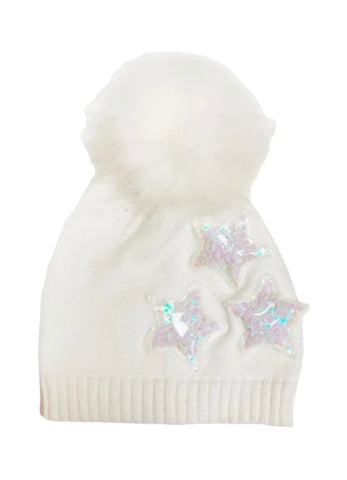 White pompom hat with stars