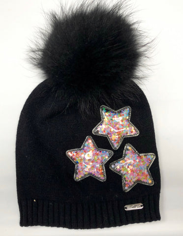 Black hat with pompom and stars/confetti