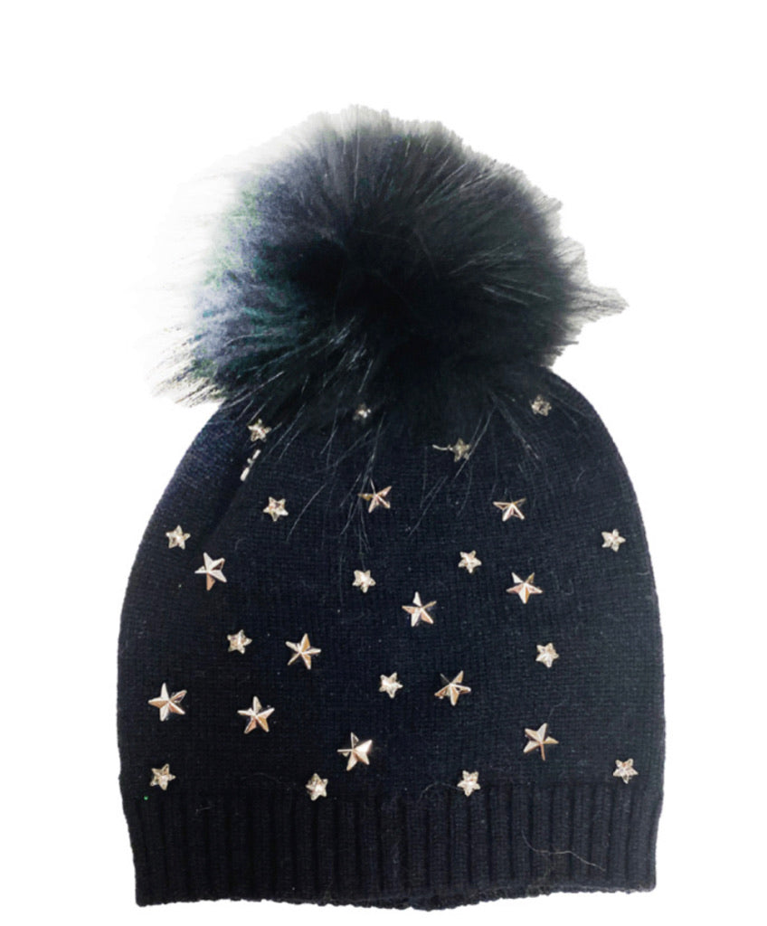Black hat with pompom and gold stars