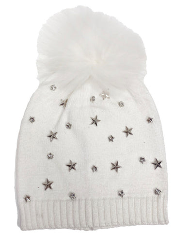 White pompom hat with silver stars