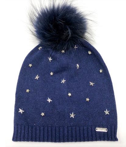 Navy blue hat with pompom and gold stars