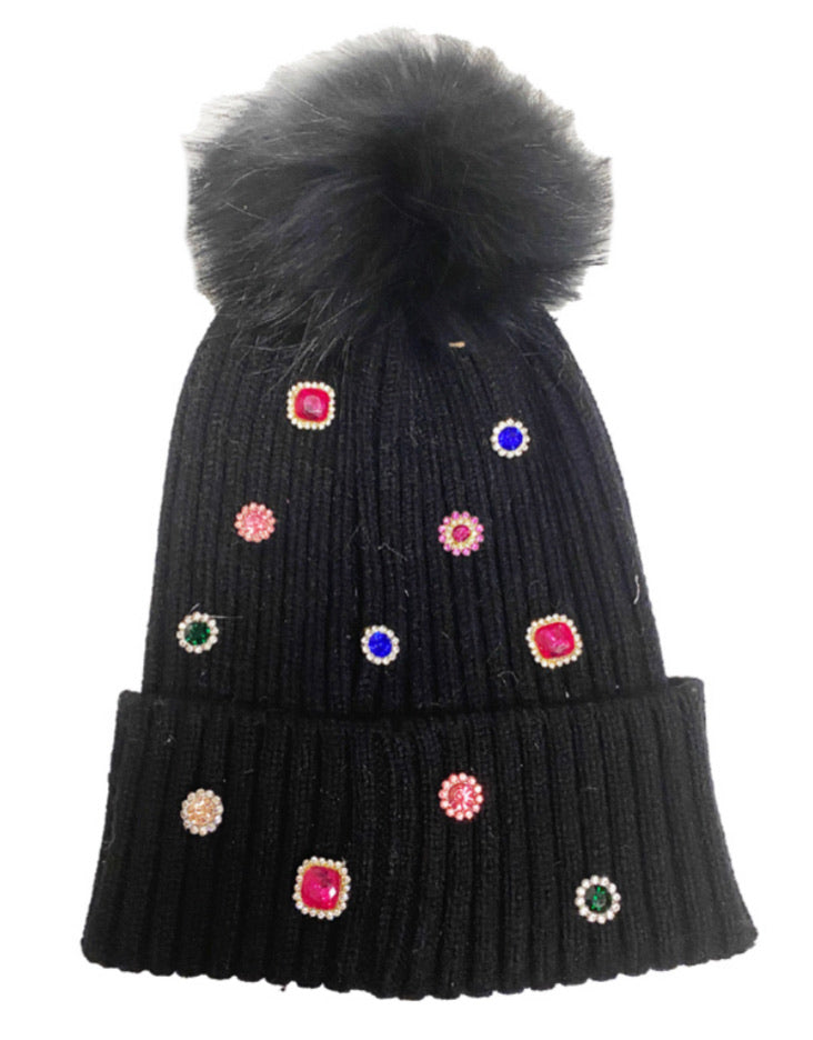 Black hat /pompom and with stones