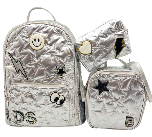 Bari Lynn Lunch Bag- Silver Puffy Stars