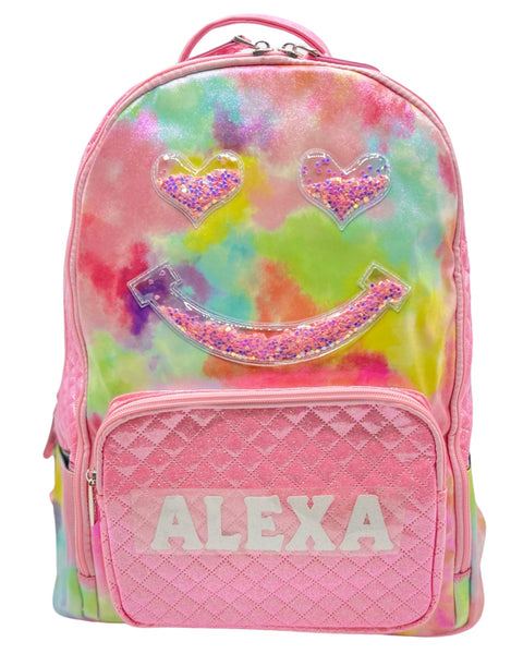 Bari Lynn Full Size Backpack-Pink Tie Dye Confetti Smiley