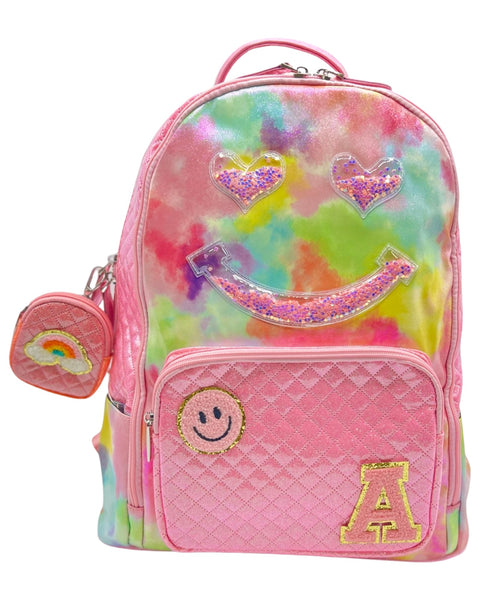 Bari Lynn Full Size Backpack-Pink Tie Dye Confetti Smiley