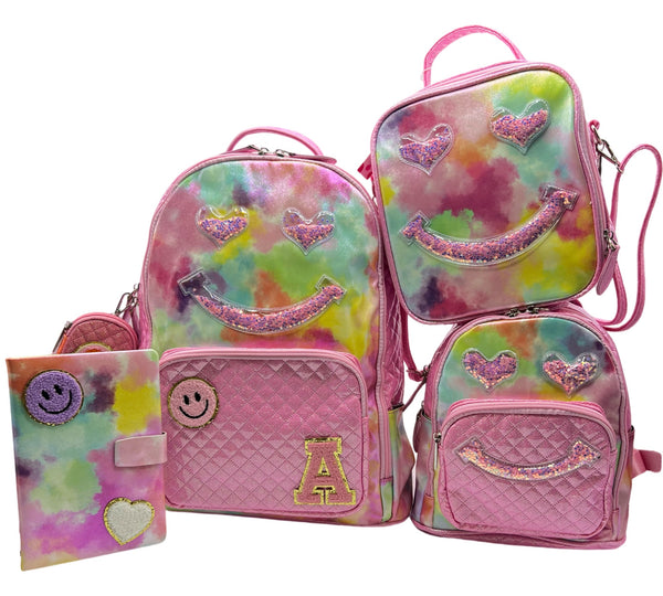 Bari Lynn Full Size Backpack-Pink Tie Dye Confetti Smiley