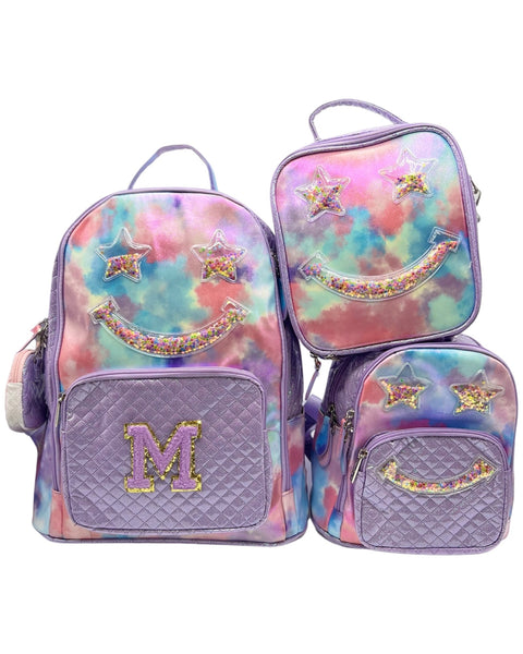 Bari Lynn Full Size Backpack-Purple Tie Dye Confetti Smiley