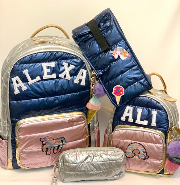 Mini Size Metallic Multi Tone Puffer Backpack- Navy/Pink