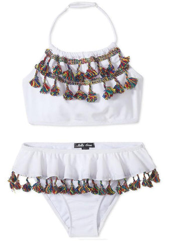 White Bikini with Multi Color Tassels