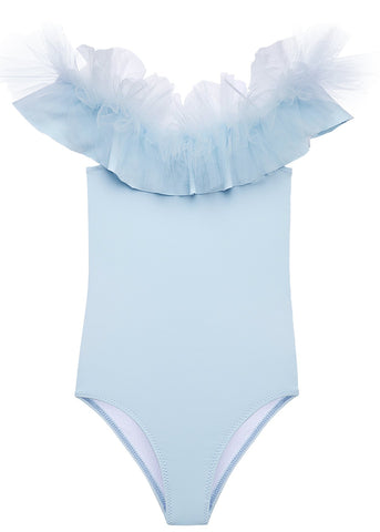 Blue Draped Swimsuit with Tulle