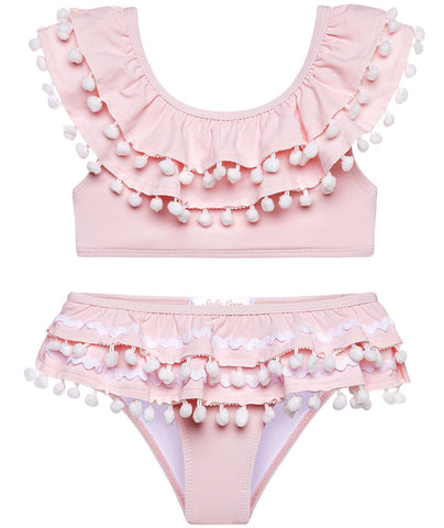 Pink Double Ruffle Bikini With White Pom Poms