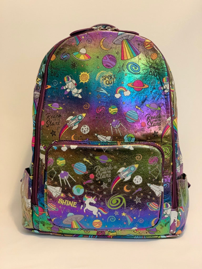 Full Size- Galaxy Emoji Print Backpack- Purple