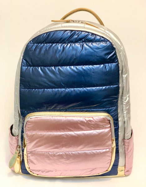 Full Size Metallic Multi Tone Puffer Backpack- Navy/Pink