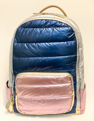 Full Size Metallic Multi Tone Puffer Backpack- Navy/Pink